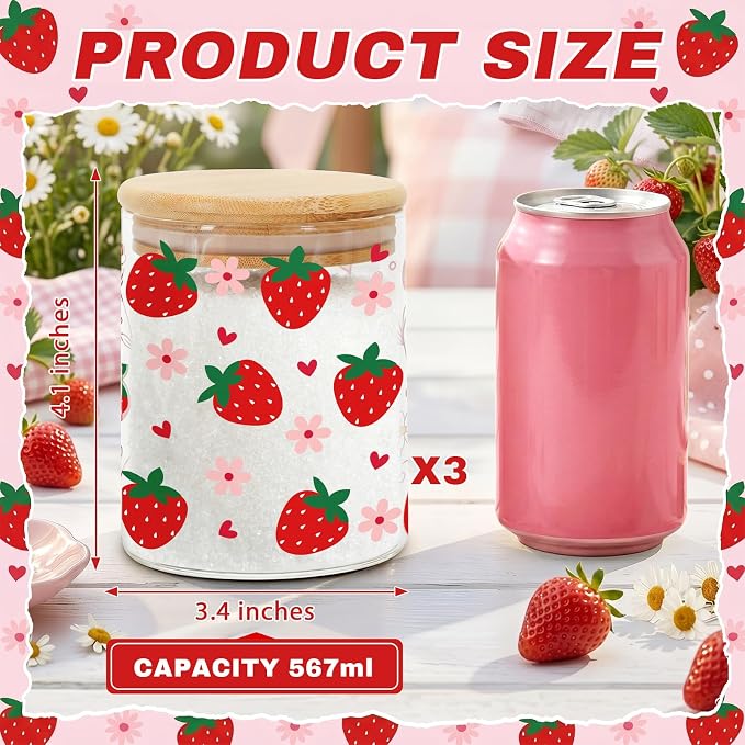 Strawberry Glass Storage Jars with Lids, Candy Cookie Jars, 3 Pcs | Cute Strawberry Candy Cookie Jars Canister Set for Girls Women Summer Containers Home Kitchen Counter Decor - Image 3