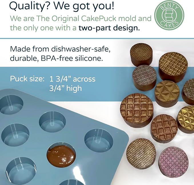 Benty Cakes - The Original Mini Cake Puck Mold Set – Better than a Cake Pop! Make Chocolate Covered Desserts – BPA Free Silicone – Includes 1 Mold Set, 1 Plastic Tray, and 1 Scraper