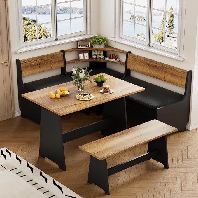 PAKASEPT Corner Breakfast Nook Table Set with Cushion, L-Shape Kitchen Dining Table with Bench, Farmhouse Wood Breakfast Nook Bench with Hidden Storage,Black - Image 7