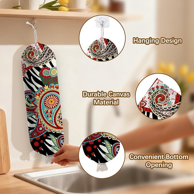 Plastic Bag Holder Bohemian Bag Holder Dispenser, Plastic Grocery Organizer & Wall Mount Paper Trash Bags Saver Storage for Kitchen Home Pantry Decor, Shopping Bags Storage Dispenser - Image 3