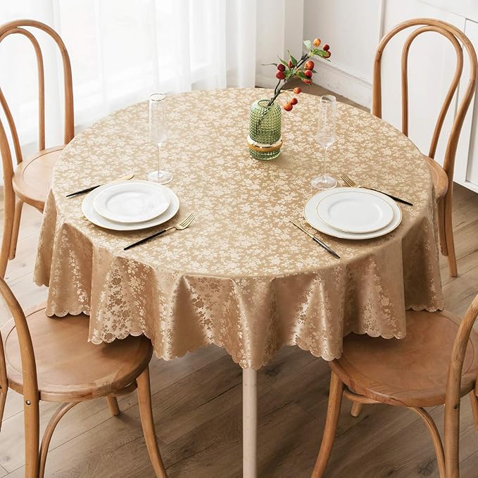 Smiry Round Waterproof Heavy Duty Vinyl Tablecloths, 60 x 60 Inch | Wipeable Washable Floral Embossed Table Cover for Kitchen and Dining Room, Indoor & Outdoor Use, Brown - Image 2
