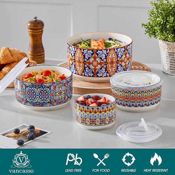 vancasso SIMI Serving Bowls with Lids, Ceramic Mixing Bowls Set of 4, Boho | Nesting Bowls for Food Storage, Prep, Stackable Bohemian Bowls, Dishwasher & Microwave Safe Gift Set, 60/36/20/10 OZ - Image 3