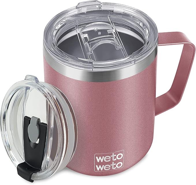 WETOWETO Coffee Mug with Handle, 14oz Insulated Stainless Steel Coffee Travel Mug, Double Wall Vacuum Reusable Coffee Cup with Lid, Powder Coated Rose Gold by Wetoweto