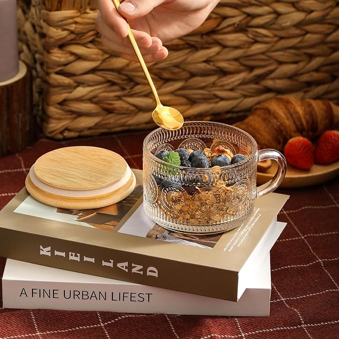 LANDNEOO 4pcs Set Vintage Coffee Mugs gifts for women, Overnight Oats Containers with Bamboo Lids and Spoons - 14oz Clear Embossed Glass Cups, Cute Coffee Bar Accessories, Iced Coffee Glasses - Image 5