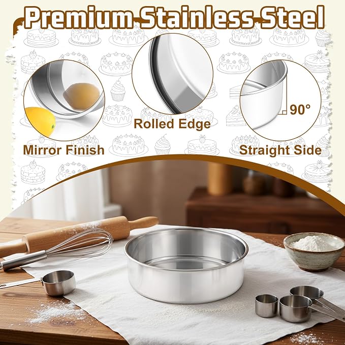 E-far 7 Inch Cake Pan Set of 3, Stainless Steel Round Baking Pans Tins for Layer Birthday Wedding Cakes, Dishwasher & Oven Safe, Healthy & Non-toxic, Leak Proof & Mirror Polished - Image 3