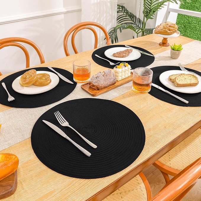 SHACOS Round Braided Placemats Set of 8 Washable Cotton Polyester Woven Round Table Mats for Dining Tables 15 inch (Black, 8) - Image 5