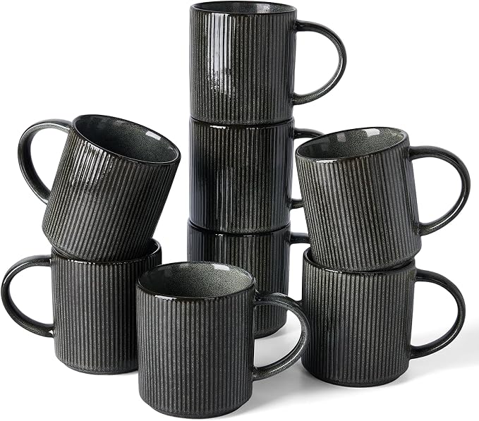famiware Coffee Mug Set for 8, Star 16 oz Catering Mugs Cup Set with Handle for Coffee, Tea, Cocoa, Milk - Ceramic Stoneware Drinkware Set, Deep Forest by Famiware