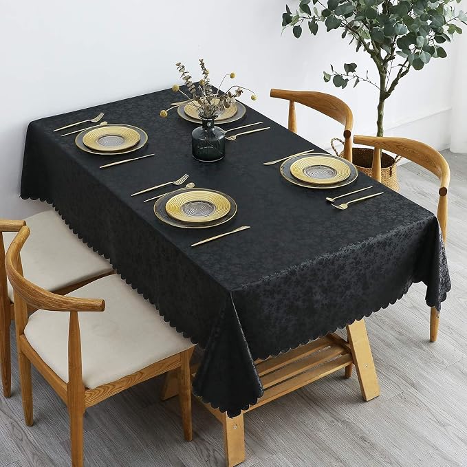 Smiry Rectangle Waterproof Heavy Duty Vinyl Tablecloths, 70 x 90 Inch | Wipeable Washable Floral Embossed Table Cover for Kitchen and Dining Room, Indoor & Outdoor Use, Black - Image 2