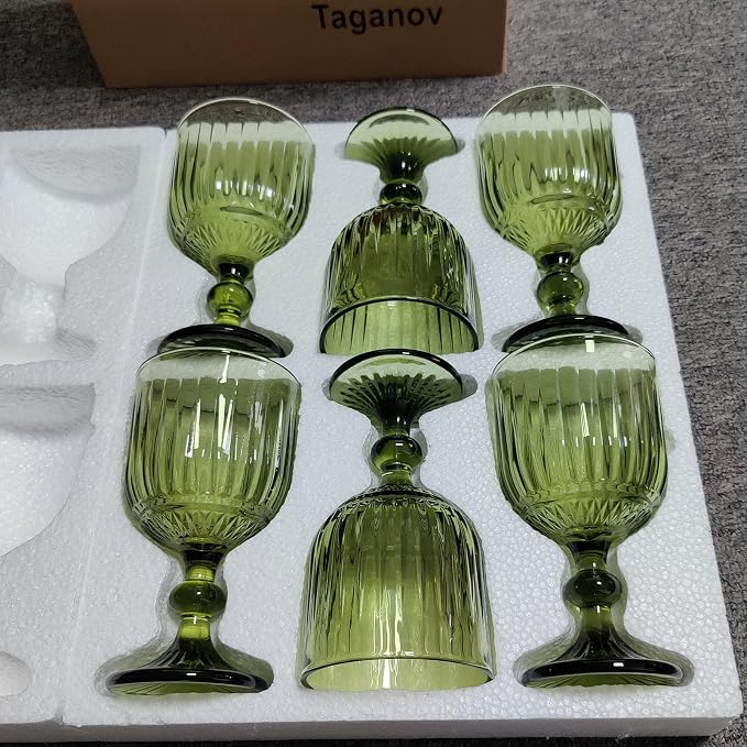 Taganov Green Water Glasses Drinking Wine Goblet set of 6 Vintage Glassware Colored Stemware 11 ounce for Wedding Party Bar Vertical Embossed Pattern Stemmed Cups 330 ml - Image 2