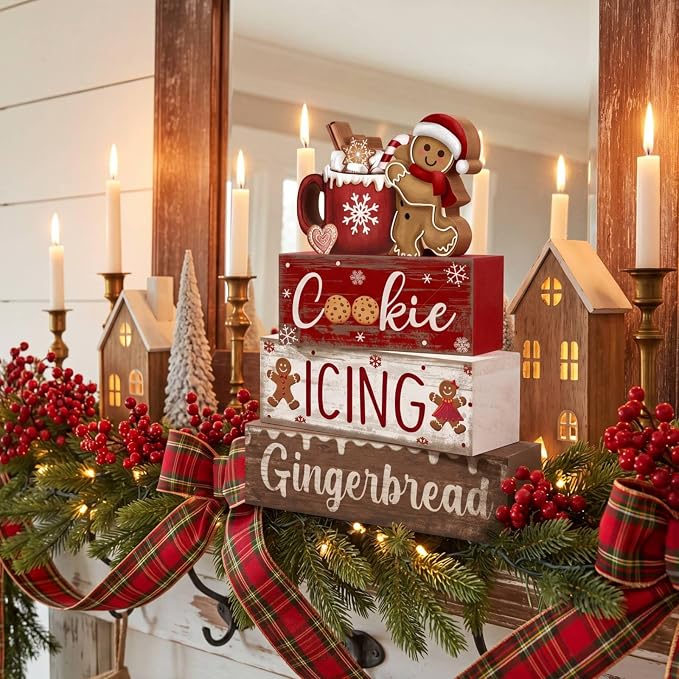 Moucuny 4 Pcs Christmas Table Decor Wooden Gingerbread Cocoa Decoration Christmas Centerpiece Winter Tiered Tray Decor Gingerbread Man Cocoa Block Signs Gift Farmhouse Xmas Decoration for Home Kitchen - Image 7