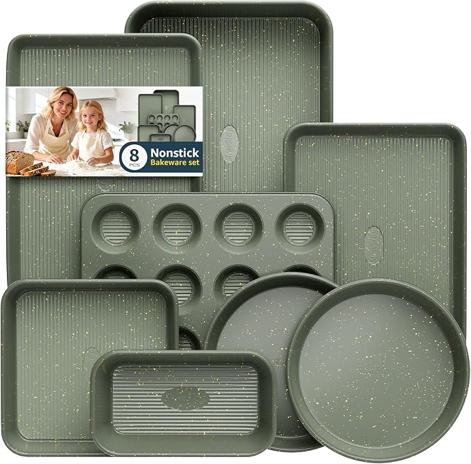 8-Piece Nonstick Bakeware Set, Stackable Oven Pan Set, Baking Pans Set | Includes Baking Sheet, Muffin Pan, Cake Pan, Square Pan, Loaf Pan, Cookie Sheet & Cooling Rack (Ceramic Coated Green) by SlowSLog