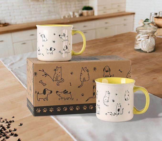 AmorArc 22 OZ Large Ceramic Coffee Mugs Set of 2, Oversized Mugs With Big Handle for Men Women Dad Mom, Big Mug With Textured Dogs Cats Patterns for Office & Home -Microwave Safe, 2 Pcs-Yellow - Image 5