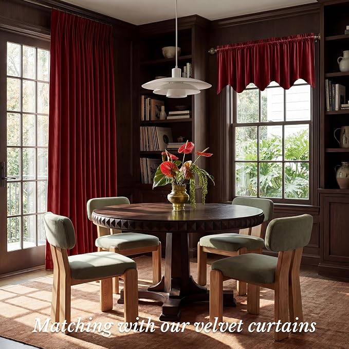 Red Christmas Window Valance 52x18 Inch 1 Panel | Thick Velvet Cafe Curtains with Wavy Edge, Vintage Privacy Small Window Treatment for Dining Room, Kitchen Decor - Image 2
