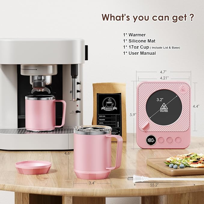 Felibeaco Coffee Mug Warmer & Mug Set for Desk, Smart Coffee Cup Warmer with 16oz Heated Mug, Cup Heater with Auto Shut Off for Office/Home, Coffee Gifts for Women/Men/Dad on Father‘s Day, Pink - Image 7