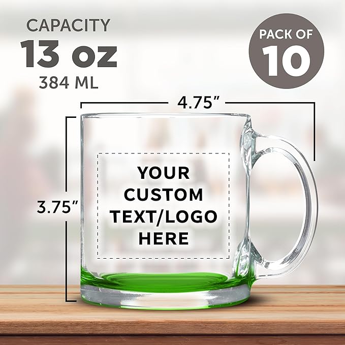 Custom Libbey Clear Glass Coffee Mugs 13 oz. Set of 10, Personalized Bulk Pack - Perfect for Coffee, Tea, Espresso, Hot Cocoa, Other Beverages - Green Bottom