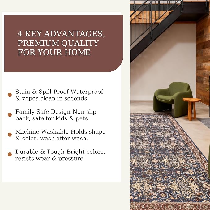 5x7 Area Rug, Machine Washable Living Room Rug - Non-Slip Low Pile Accent Rug for Bedroom, Pet Friendly, Modern Vintage Geometric Design - Image 8