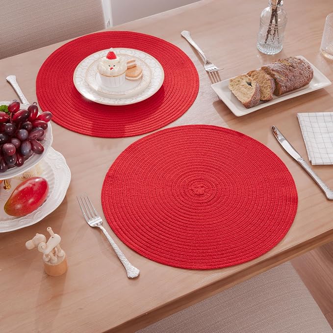 SHACOS Round Placemats Set of 4 Non Slip Washable Place Mats 15 inch Cotton Polyester Braided Placemat for Christmas Home Wedding Party Dining Table Decor (Red, 4) - Image 3