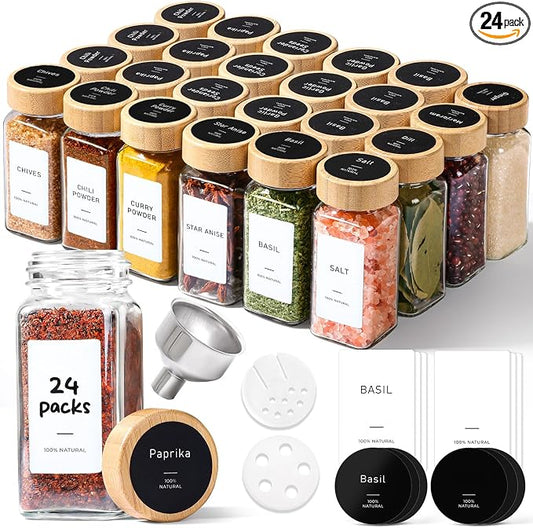 ComSaf Glass Spice Jars with with Labels 4 oz 24 Pack Bamboo Lids Bulk Set | Empty Containers, Seasoning Herb Powder, Salt Pepper Chili, Spice Rack Organization, Kitchen Cabinet Storage, Funnel Included by ComSaf