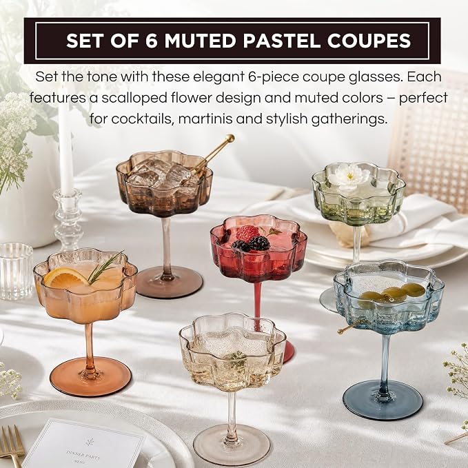 Flower Scalloped Vintage Wavy Petals Wave Glass Coupes 7oz Colorful Martini, Champagne & Cocktails, 6 Set Muted Pastel Shades Rippled Champagne Glasses, Elegant Bar Glassware, Aesthetic Cute Coupe - Image 3
