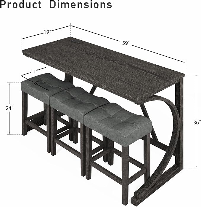 allamazing 4-Piece Counter High Bar Table Set with Socket and 3 Fabric Padded Bar Stools, Tall Kitchen Breakfast Nook with Stool, Black - Image 2