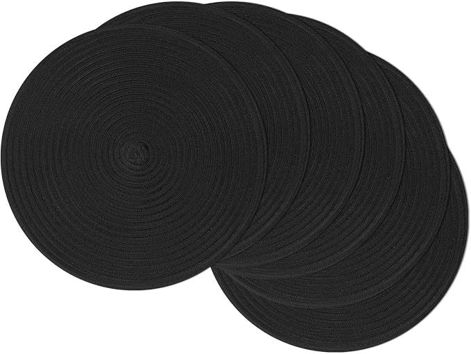 SHACOS Round Braided Placemats Set of 6 Cotton Polyester Heavy Duty 15 inch Round Table Mats Washable Heat Resistant Place Mats (Black, 6) by SHACOS