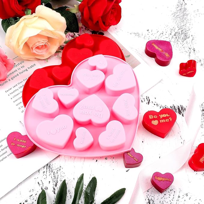 Patelai 4 Pieces Conversation Heart Molds Mixed Size 40 Holes Valentine's Day Heart Shaped Silicone Molds Non Stick for Chocolate Fondant Jelly Pudding Dessert Baking Candy(Red, Pink) - Image 7