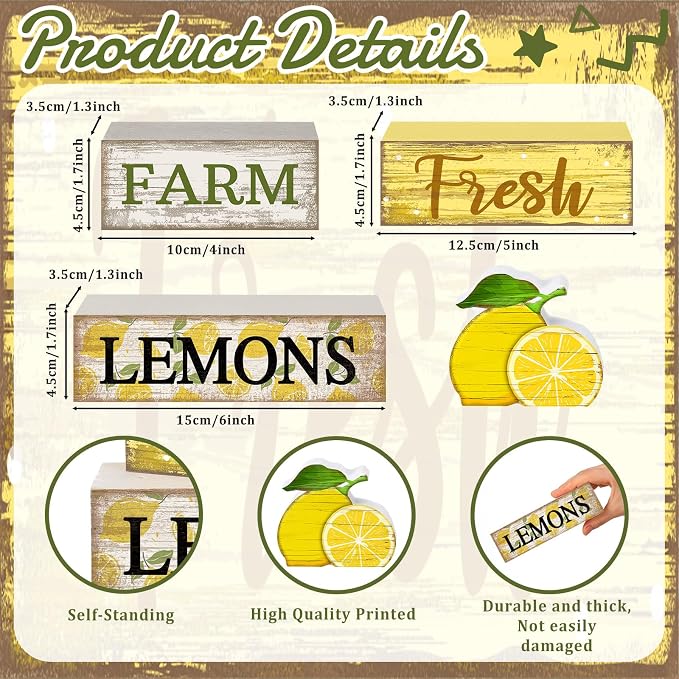Moucuny 4 Pcs Summer Lemon Decor Summer Table Decorations Farm Fresh Lemons Wooden Stacked Block Decor Rustic Summertime Tiered Tray Decoration Fruits Centerpiece for Home Kitchen Dining Room Mantel - Image 3