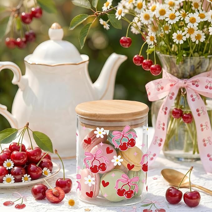 Pink Cherry Glass Storage Jars with Lids, Candy Cookie Jars, 3 Pcs | Pink Cherry Candy Cookie Jars Gift Bow Coquette Kitchen Decor Canister Cute Kitchen Containers Gifts for Sugar - Image 2