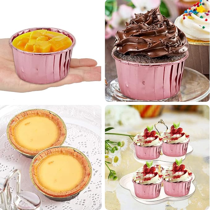 Foil Cupcake Liners Baking Cups With Lids 100 Pack,LNYZQUS 5.5 Oz Large Cupcake Tins Muffin Cups,Disposable Ramekins With Lids,Cupcake Wrappers Holders For Wedding Bakery,with Spoons-Rose Gold - Image 6