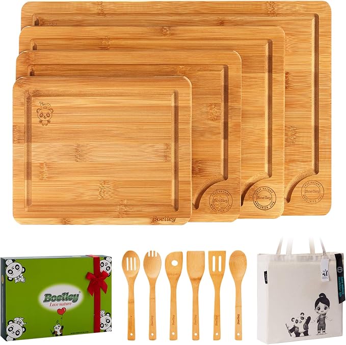 Wooden Cutting Boards for Kitchen-Bamboo Cutting Board Set(Small & Extra Large),Wood cutting board set,Heavy Duty Wooden Chopping boards set of 4, w/6x Utensils 1xCanvas bag -11Pcs Gift Pack by Boelley