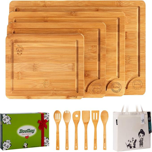 Wooden Cutting Boards for Kitchen-Bamboo Cutting Board Set(Small & Extra Large),Wood cutting board set,Heavy Duty Wooden Chopping boards set of 4, w/6x Utensils 1xCanvas bag -11Pcs Gift Pack by Boelley