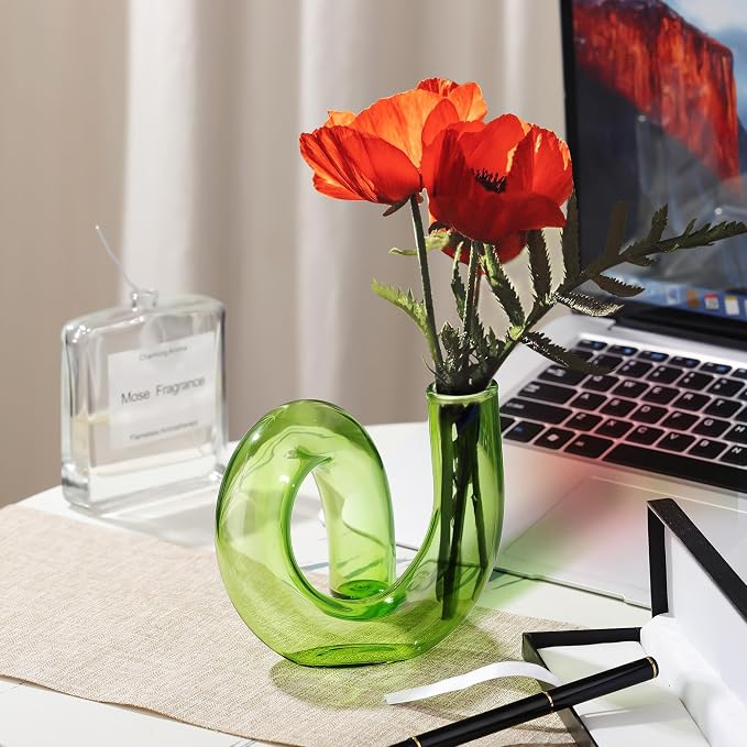 Joeyan Handmade Small Green Glass Flower Vase,Decorative Geometric Glass Bud Vase for Modern Home Centerpieces Living Room Office,4.72" Abstract Vase for Single Flower and Dry Flowers - Image 2