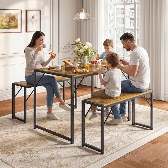 Bealife Dining Table Set for 4 with Metal Frame and MDF Board - Retro | Space Saving Kitchen Table with 2 Benches, Kitchen Table Set for Apartment, Dining Room, Breakfast Nook - Image 2