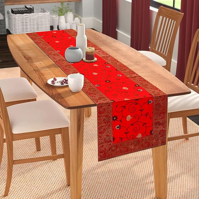 Handmade Banarasi Silk Table Clothes Matte, Animal Print Silk Table Cloth, Elephant Style Table Runner, Dining Table Runner (Red 152x42 Inch) by Unknown