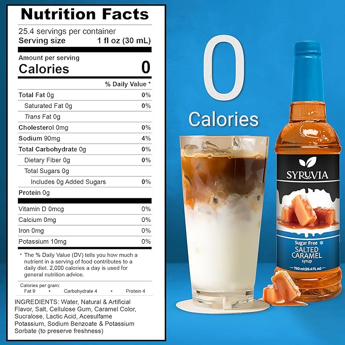 Syruvia Sugar Free Salted Caramel - 25.4 fl oz. Premium Coffee Flavoring Syrup. Perfect for Drinks, Sodas, Shakes, Desserts, and More (3-Pack)