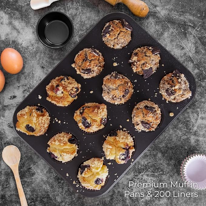 CARTMAN 2-Pack 12-Cup Muffin Pan Set, Carbon Steel Nonstick Cupcake Tin | Includes 200 liners, durable carbon steel, nonstick release, for cupcakes, muffins, egg bites, brownies, oven safe 450°F - Image 3