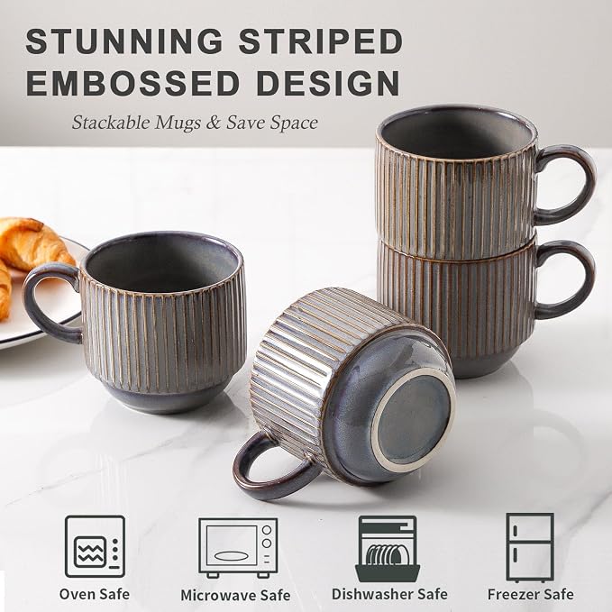 HASENSE Porcealin Coffee Mugs, Stackable Coffee Cups Set of 4 with Stand - 15 oz Large Ceramic Ribbed Latte Cup Set for Cappuccino, Tea, Hot Cocoa, Drinks - Dishwasher & Microwave Safe, Brown - Image 4