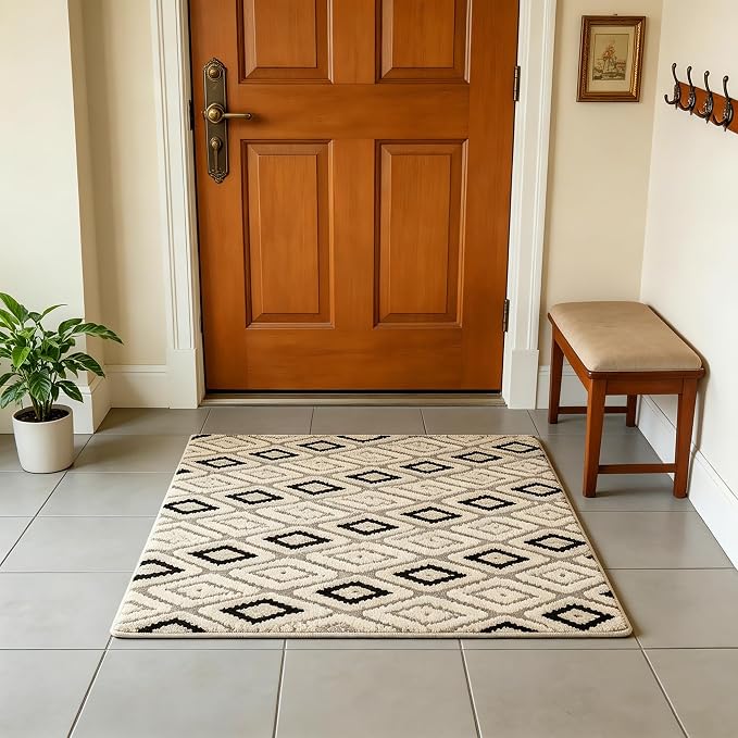 Indoor Doormat 2'x3', Geometric Boho Entrance Mat for Porch, Diamond | Soft Cozy Fluffy Mid Pile Machine Washable Non Slip Small Accent Rug for Entryway Front Door Sink Indoor Entrance Bathroom by Ukeler