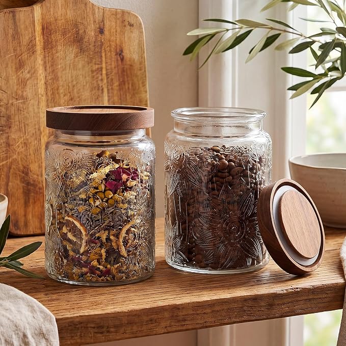 LemonRoad 4 Pcs Vintage Clear Glass Storage Jars 23.7 oz Mason Jar Canister with Wood Lids Food Storage Container for Cookie, Pantry, Candy Kitchen, Coffee, Tea, Flour, Sugar, Decorative Home Decor - Image 6