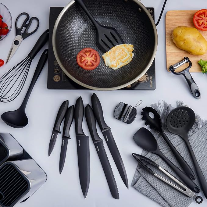 RAXCO Kitchen Utensils Set,18-Piece Cooking Utensils and Knife Set,Black | Food-grade Silicone Heat-safe to 410°F, Detachable Stainless Steel Holder, 5 Kitchen Knives and Cutting Board All-in-one - Image 6