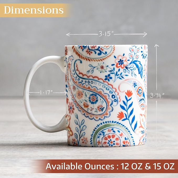 Maison d' Hermine Coffee Mug with Handles Tea Cups (12 Ounce, Pack of 1) | Fine Bone China Coffee Mugs for Hot Beverages Cappuccino Latte Home Restaurant Hotel Spring Summer -Indian Floral - Paisley - Image 4