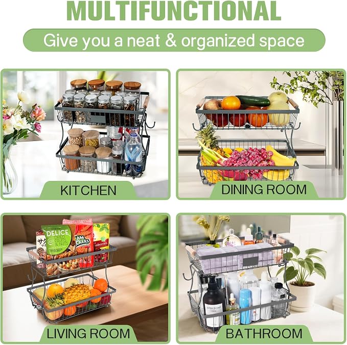 Fruit Basket Bowl 2 Tier Detachable with 2 Banana Hangers, Fruit Stand Holder for Kitchen Countertop, Metal Wire Vegetable Storage Organizer, for Bread Snack Veggies Produce, gray - Image 5
