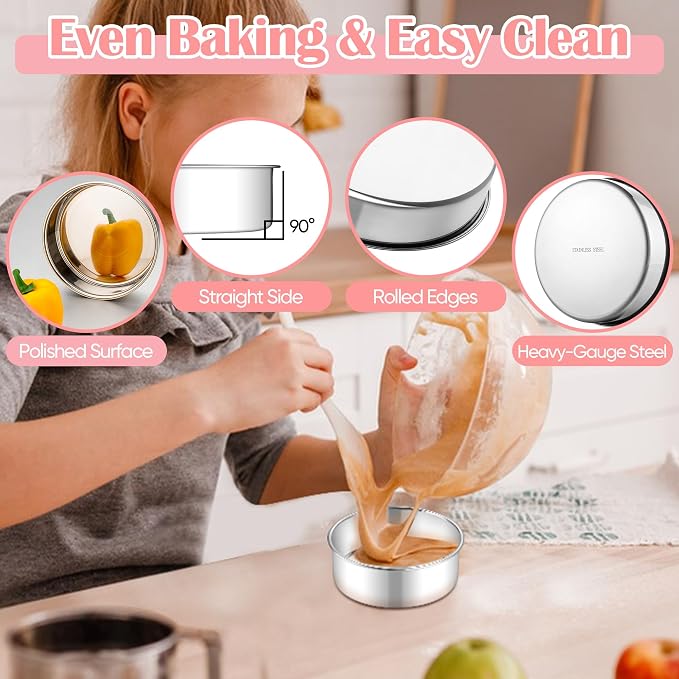 E-far Small Cake Pans Set of 2, 5 Inch Stainless Steel Mini Round Baking Pan Tins - Non-Toxic & Leak-Proof Cake Mold for Smash Birthday Layer Tiered Cheesecake, Easy Clean & Dishwasher Safe - Image 3