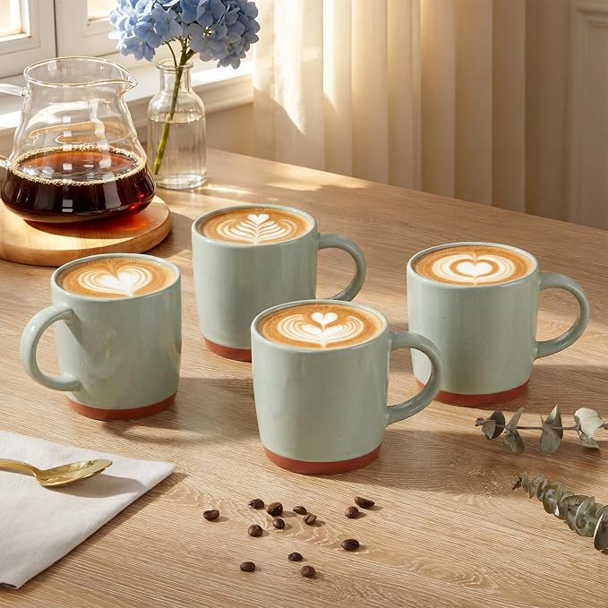 E-far Ceramic Coffee Mug Set of 4, 12oz Stoneware Coffee Cup with Handle, Porcelain Tea Cups, Modern Farmhouse Latte Mug Gift Set for Women & Men, Microwave Safe, Speckled Green - Image 4