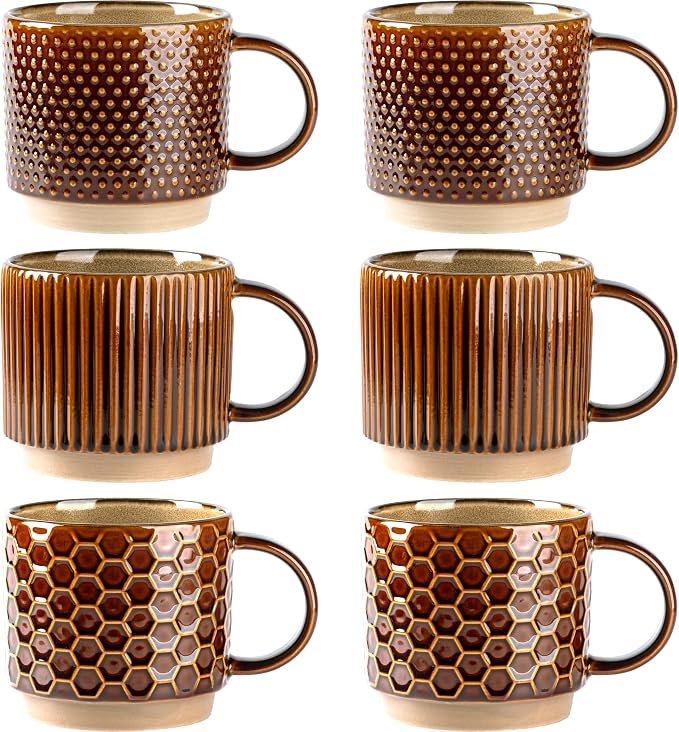 GBhome 12 OZ Stackable Coffee Mugs Set of 6, Ceramic Coffee Cups Set | 3 Assorted Designs, Embossed Mugs with Texture Patterns for Tea/Coffee, Dishwasher&Microwave Safe, Caramel by GBhome