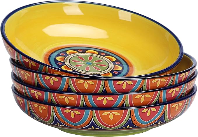 Bico Tunisian Pasta Bowls, 35oz Salad Bowl Set of 4, Large Ceramic Serving Dinner Bowls for Soup and Cereal, Microwave and Dishwasher Safe, Gift for Housewarming and Thanksgiving by Bico