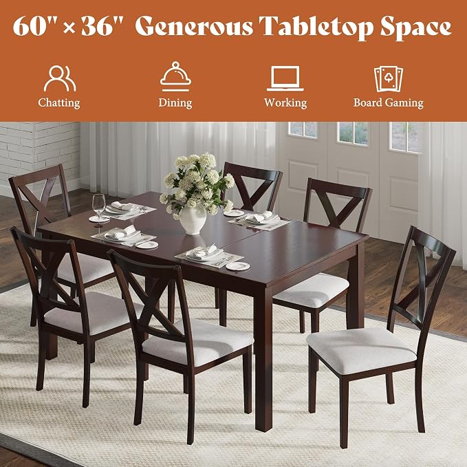 AMERLIFE 7-Piece Farmhouse Dining Table Set for 6, 60'' Table and 6 Chairs | Solid Wood Kitchen Table with 6 Upholstered Chairs, Space-Saving Dining Set for Dining Room, Kitchen, Small Apartment, Brown - Image 7