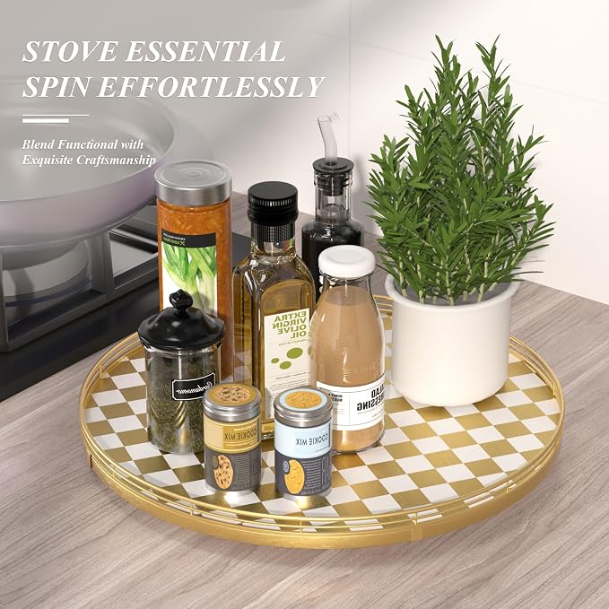 Gold and White Checkerboard Lazy Susan with Rubberwood Base and Metal Rail | Smooth rotating oak tray with walnut finish for dining tables, kitchen counters, pantries and cabinet storage. - Image 2
