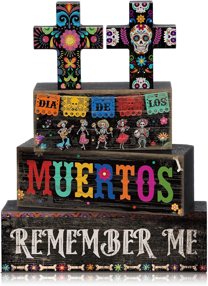 Moucuny 4 Pcs Day of the Dead Table Decorations Day of the Dead Cross Centerpiece for Table Dia De Los Muertos Tiered Tray Decor Wood Sugar Skull Block Signs for Halloween Party Home Shelf Decoration by Moucuny