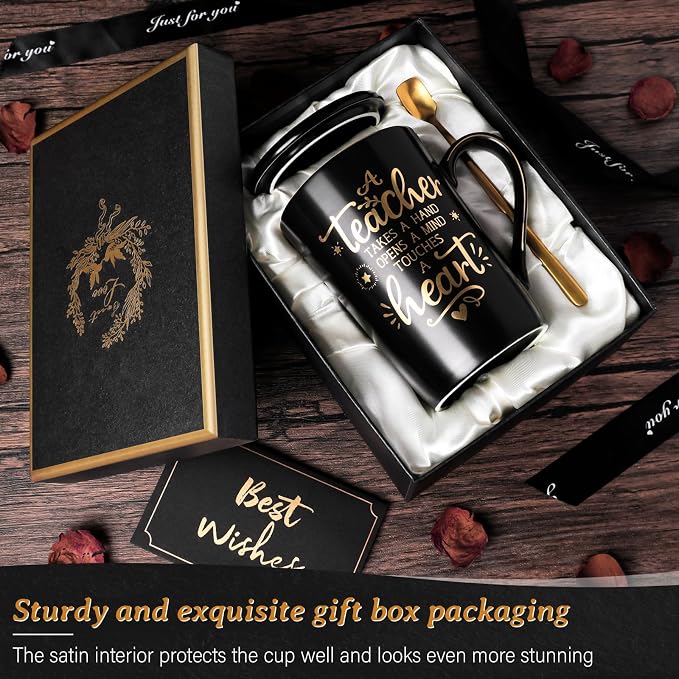 Best Teacher Appreciation Gifts for Men Women, 14oz Unique Black Coffee Mug | Gold Print Teacher Ceramic Cup, Presents for Teachers Graduation Retirement Valentine, with Lid Spoon Card, Nice Gift Boxed - Image 6
